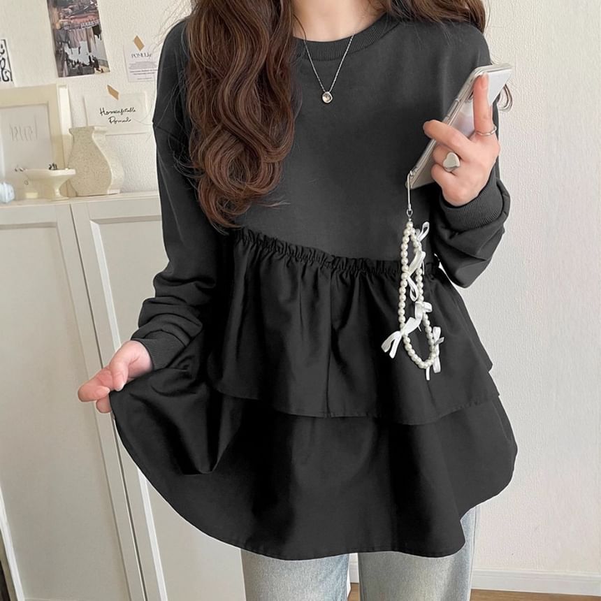 Ruffle-Trim Panel Pullover with Crew Neck