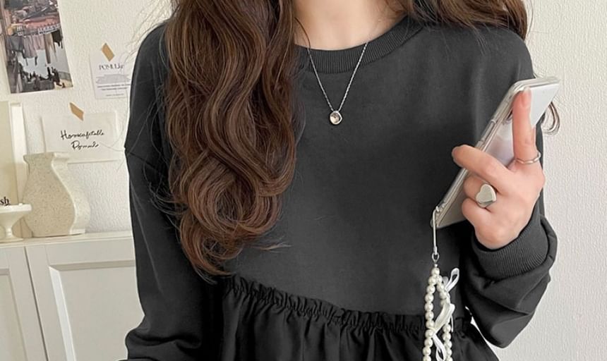 Ruffle-Trim Panel Pullover with Crew Neck