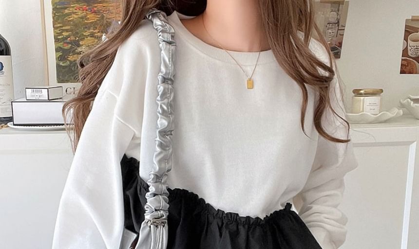 Ruffle-Trim Panel Pullover with Crew Neck