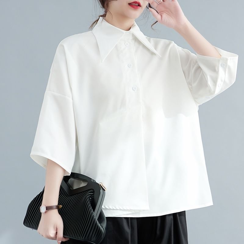 Asymmetric Plain Shirt with Three-Quarter Sleeves