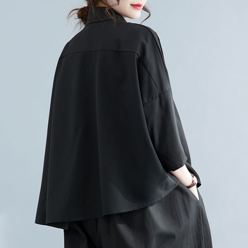 Asymmetric Plain Shirt with Three-Quarter Sleeves