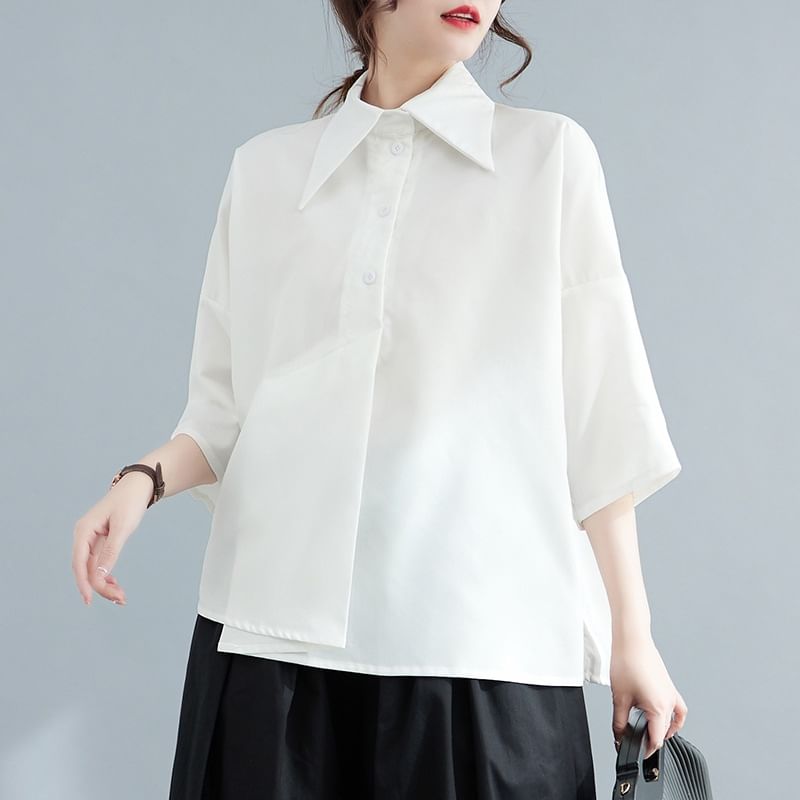Asymmetric Plain Shirt with Three-Quarter Sleeves