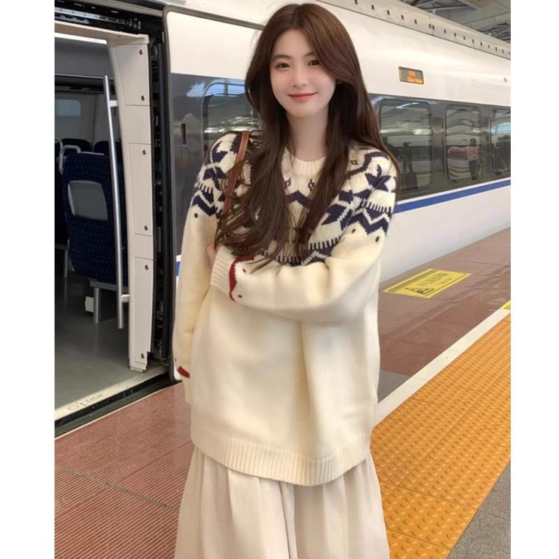 Jacquard Sweater with Round Neckline