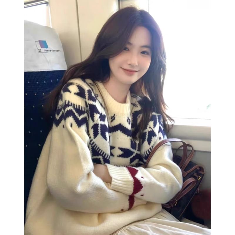 Jacquard Sweater with Round Neckline