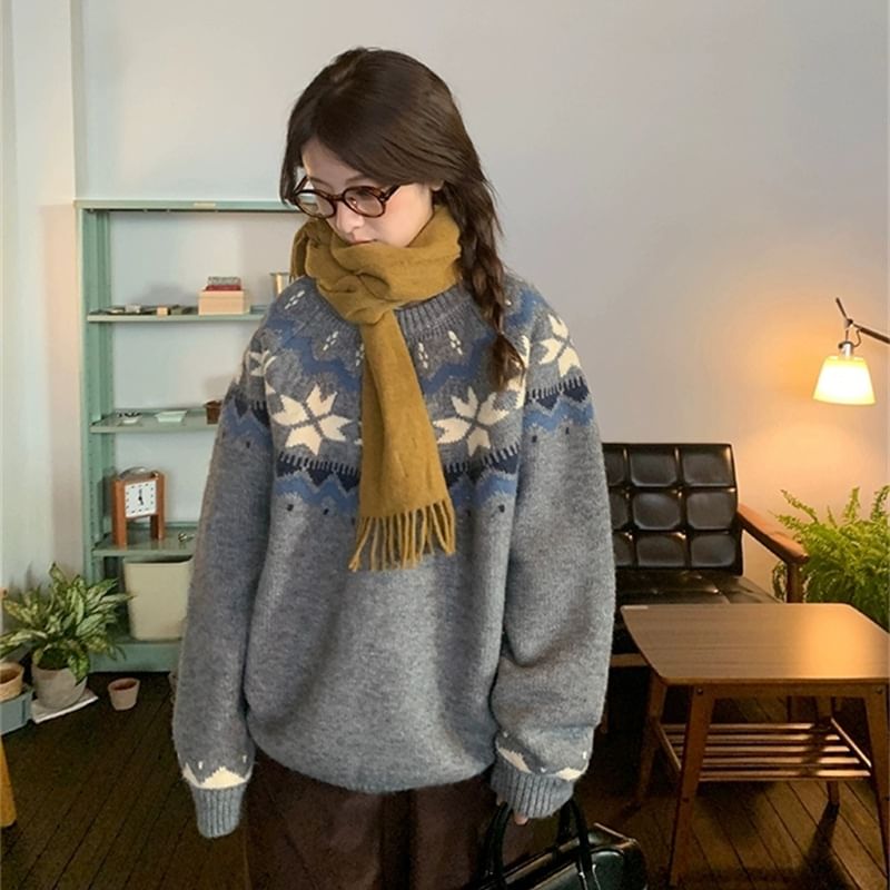 Jacquard Sweater with Round Neckline