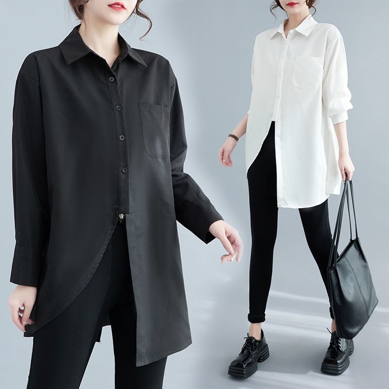 Tunic Shirt with Pocket Detail and Long Sleeves in Plain Design