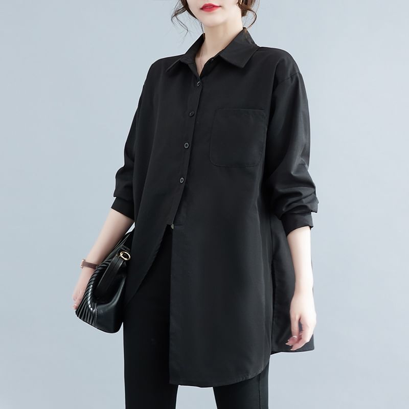 Tunic Shirt with Pocket Detail and Long Sleeves in Plain Design
