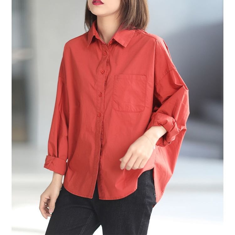 Oversized Shirt with Pocket Accent and Long Sleeves in Solid Hue