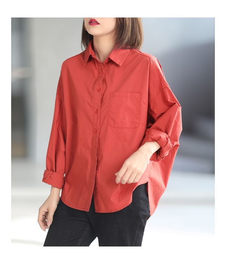 Oversized Shirt with Pocket Accent and Long Sleeves in Solid Hue