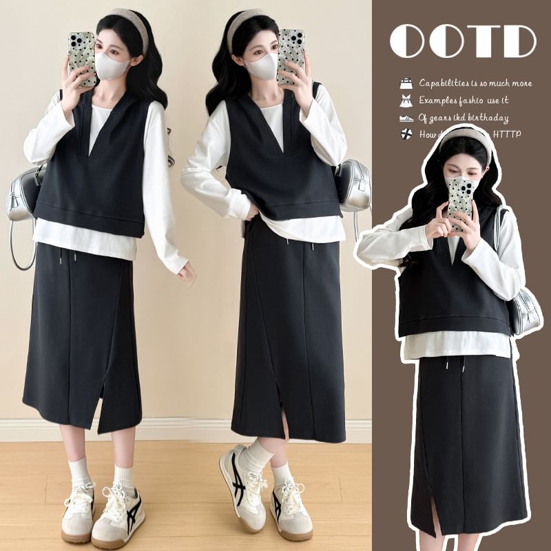 Maternity T-Shirt & Vest & Slit Midi Skirt Set