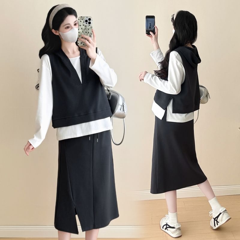 Maternity T-Shirt & Vest & Slit Midi Skirt Set