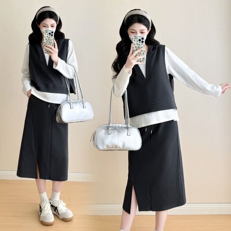 Maternity T-Shirt & Vest & Slit Midi Skirt Set
