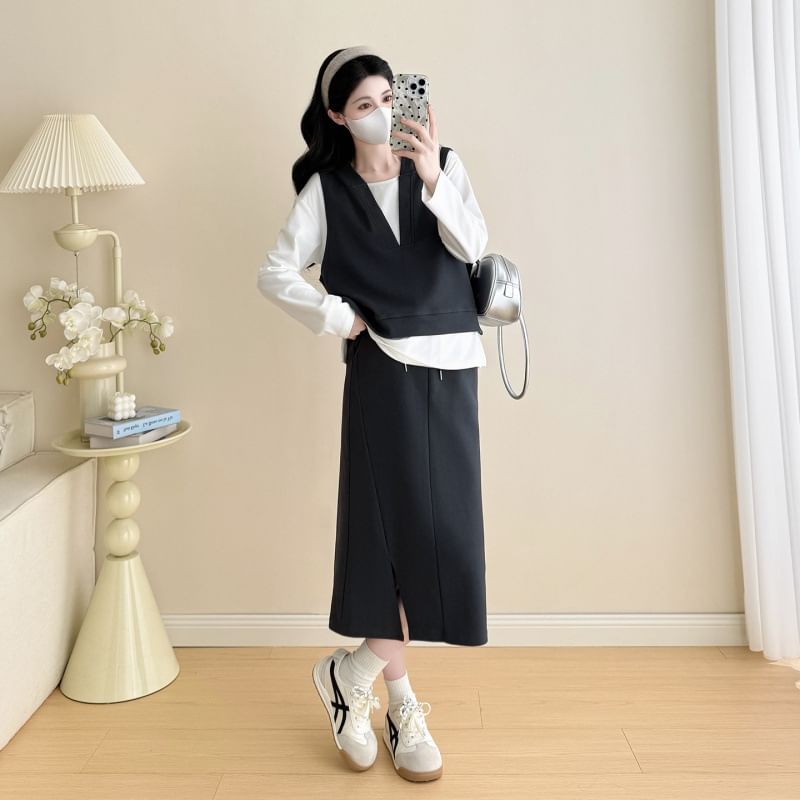 Maternity T-Shirt & Vest & Slit Midi Skirt Set