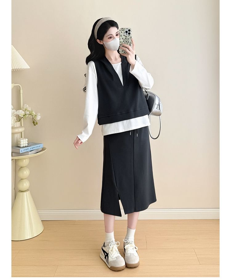 Maternity T-Shirt & Vest & Slit Midi Skirt Set