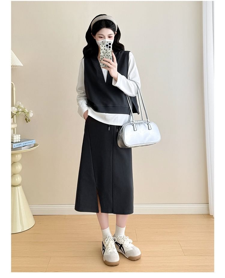 Maternity T-Shirt & Vest & Slit Midi Skirt Set