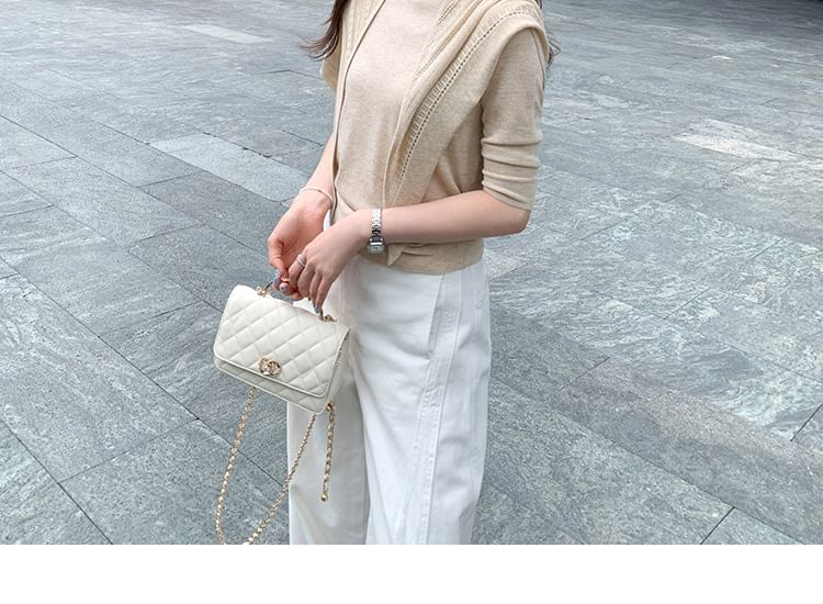 Knit Top Set with Mock Neck, 3/4 Sleeves, and Perforated Shawl