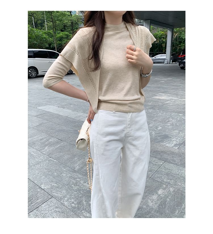 Knit Top Set with Mock Neck, 3/4 Sleeves, and Perforated Shawl