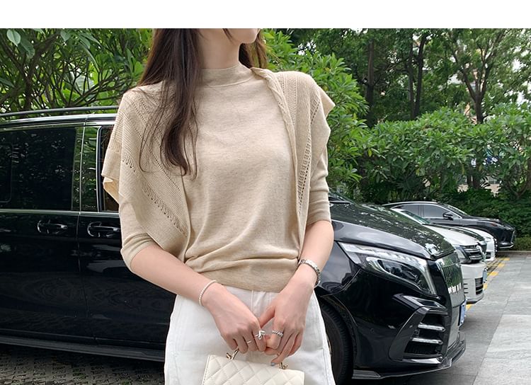 Knit Top Set with Mock Neck, 3/4 Sleeves, and Perforated Shawl