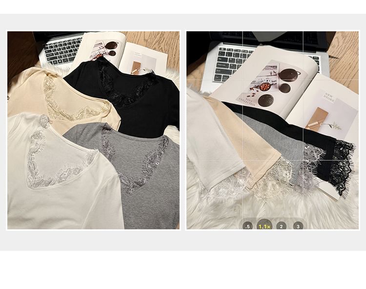 Slim-Fit Tee with Lace Panel, V-Neck, and Long Sleeves