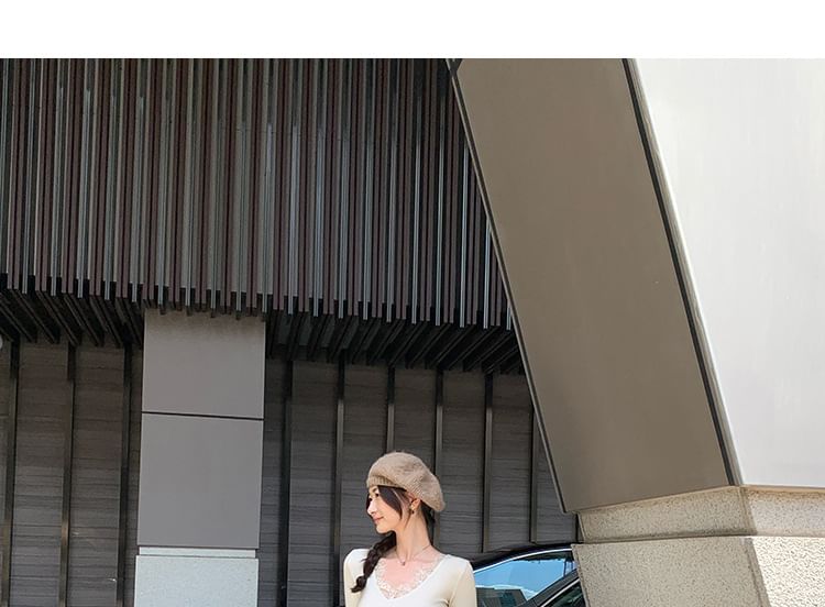 Slim-Fit Tee with Lace Panel, V-Neck, and Long Sleeves