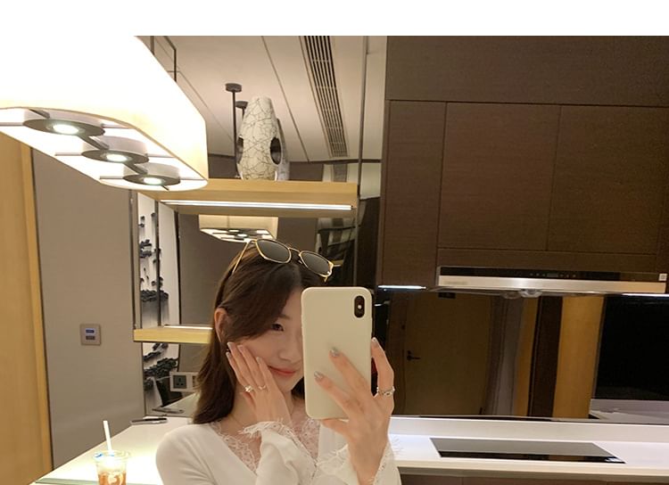 Slim-Fit Tee with Lace Panel, V-Neck, and Long Sleeves