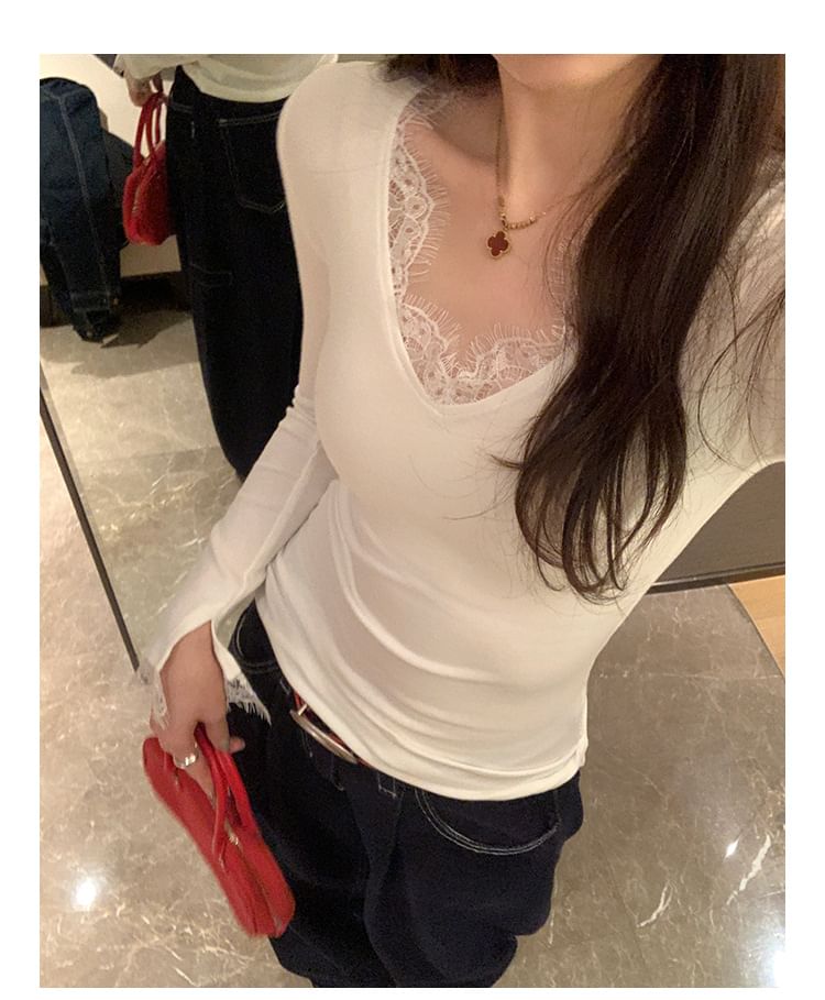 Slim-Fit Tee with Lace Panel, V-Neck, and Long Sleeves