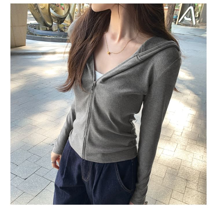 Zip-Up Cropped Hoodie in Solid Color