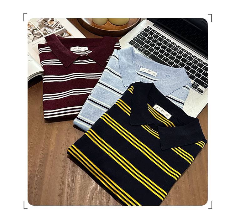 Striped Cropped Knit Top with Short Sleeves and Contrast Collar