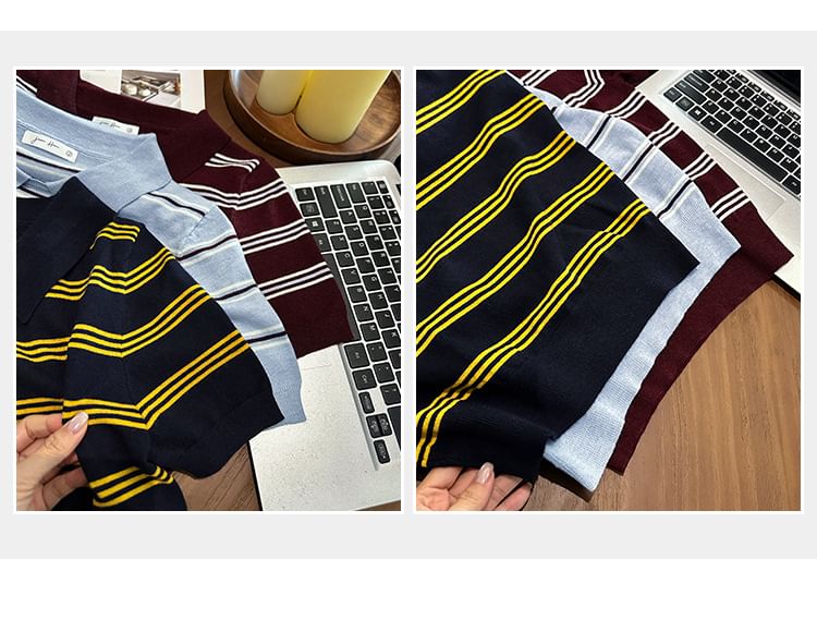 Striped Cropped Knit Top with Short Sleeves and Contrast Collar