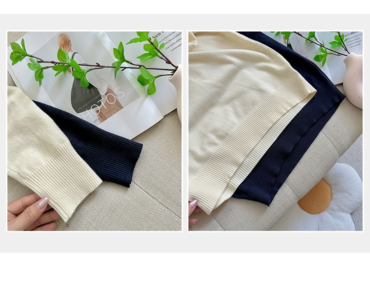 Mock Two-Piece Crop Knit Top with V-Neck and Long Sleeves