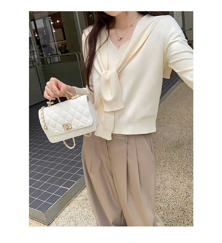 Mock Two-Piece Crop Knit Top with V-Neck and Long Sleeves