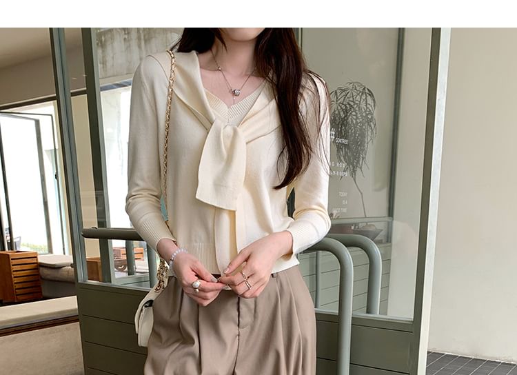 Mock Two-Piece Crop Knit Top with V-Neck and Long Sleeves