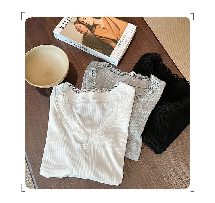 Slim-Fit Crop Tee with Lace Trim, V-Neck, and Long Sleeves