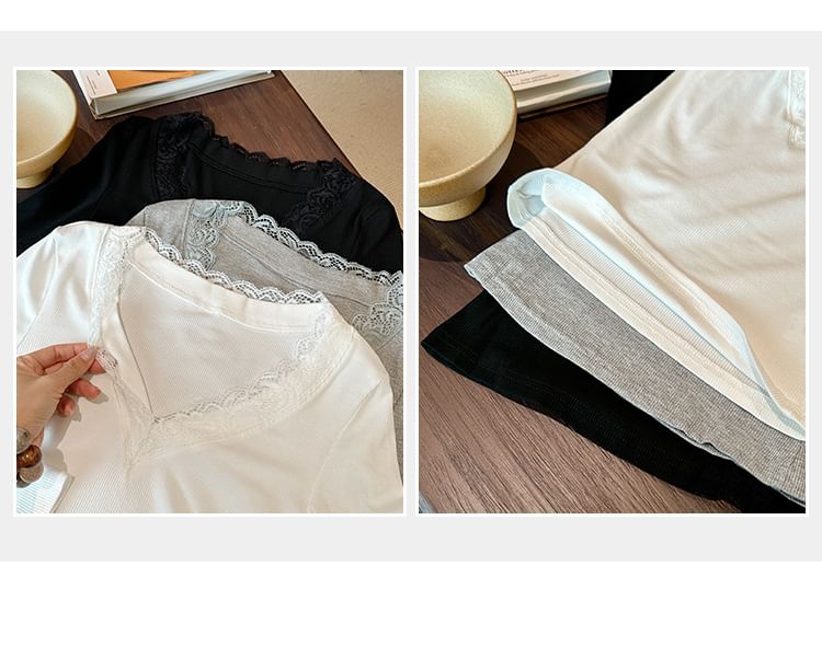 Slim-Fit Crop Tee with Lace Trim, V-Neck, and Long Sleeves