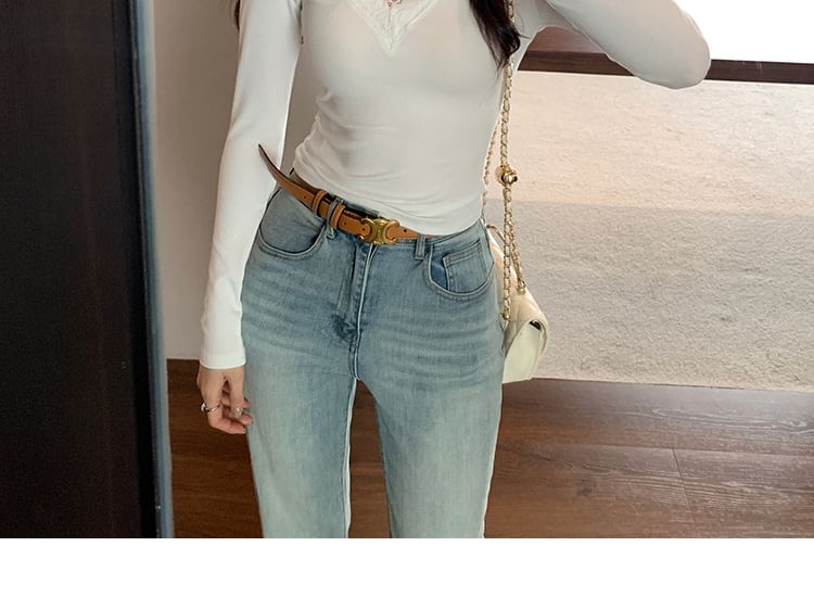 Slim-Fit Crop Tee with Lace Trim, V-Neck, and Long Sleeves