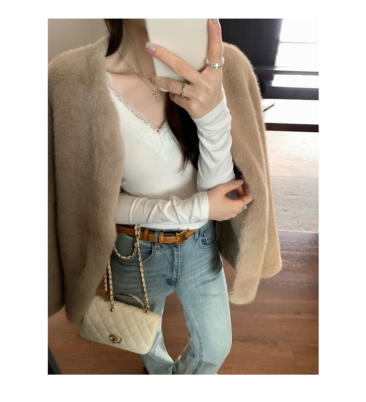 Slim-Fit Crop Tee with Lace Trim, V-Neck, and Long Sleeves