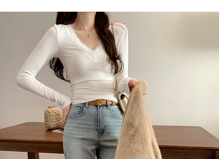Slim-Fit Crop Tee with Lace Trim, V-Neck, and Long Sleeves
