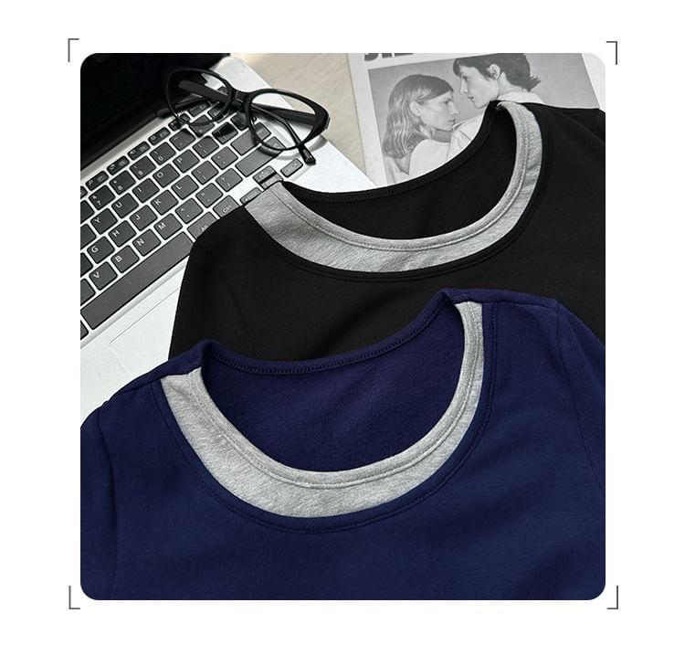 Mock Two-Piece Slim-Fit Tee with Crew Neck, Two-Tone, and Long Sleeves