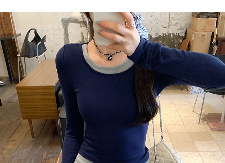 Mock Two-Piece Slim-Fit Tee with Crew Neck, Two-Tone, and Long Sleeves
