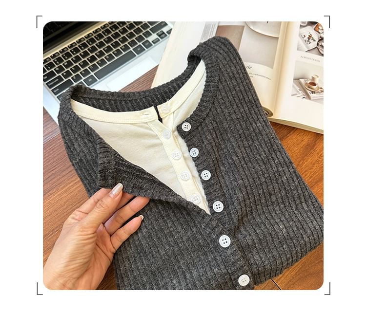 Mock Two-Piece Knit Top with Crew Neck, Two-Tone, Half-Buttoned, and Long Sleeves