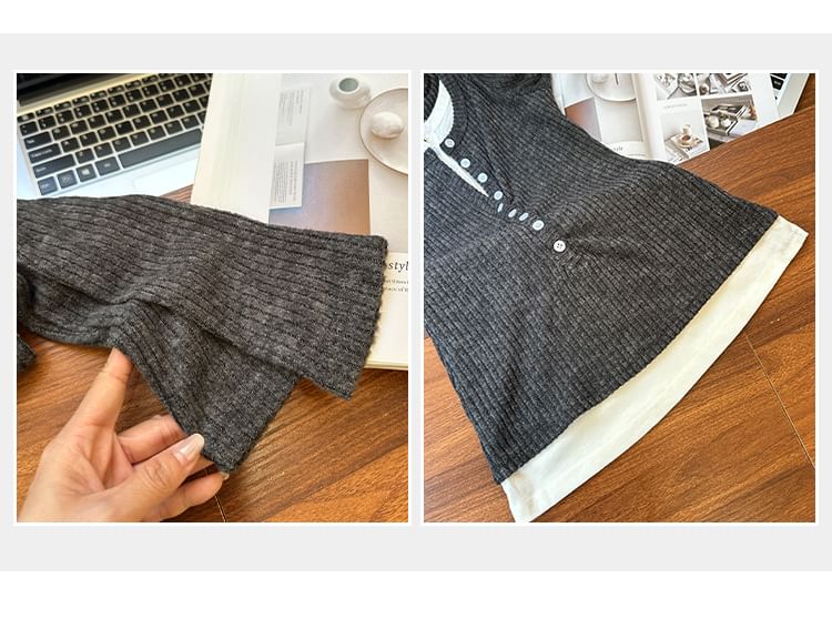 Mock Two-Piece Knit Top with Crew Neck, Two-Tone, Half-Buttoned, and Long Sleeves