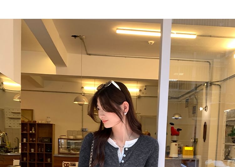 Mock Two-Piece Knit Top with Crew Neck, Two-Tone, Half-Buttoned, and Long Sleeves