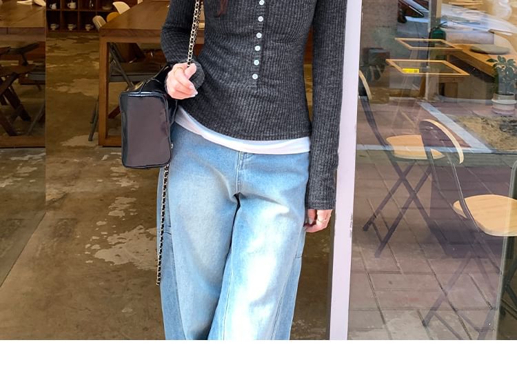 Mock Two-Piece Knit Top with Crew Neck, Two-Tone, Half-Buttoned, and Long Sleeves
