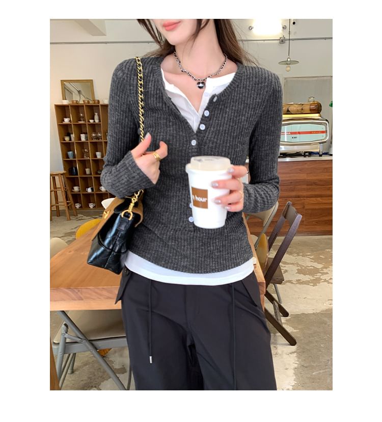 Mock Two-Piece Knit Top with Crew Neck, Two-Tone, Half-Buttoned, and Long Sleeves