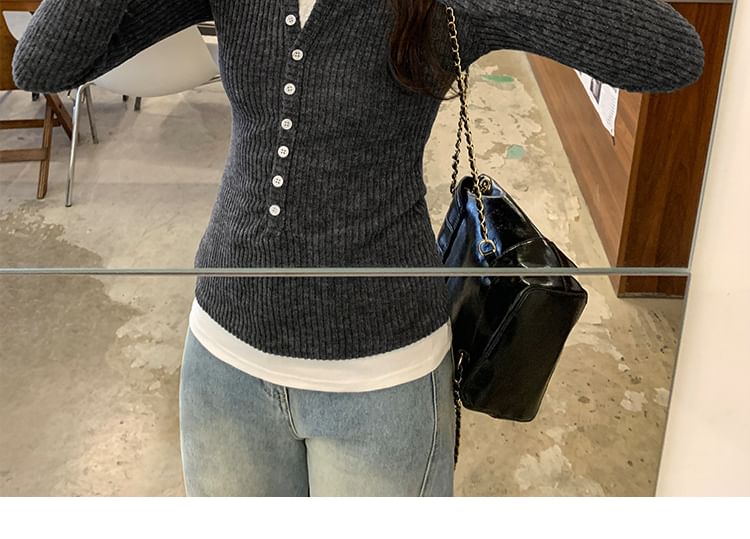Mock Two-Piece Knit Top with Crew Neck, Two-Tone, Half-Buttoned, and Long Sleeves