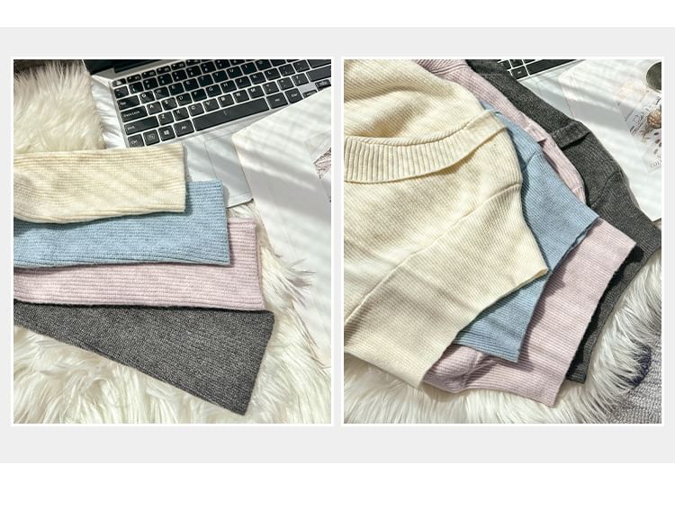 Ribbed Crop Knit Top with Halter Neck, Off-Shoulder, and Long Sleeves