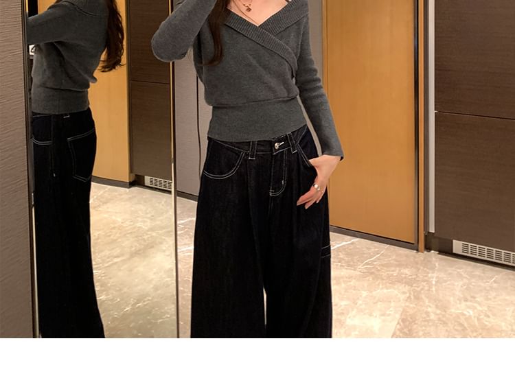Ribbed Crop Knit Top with Halter Neck, Off-Shoulder, and Long Sleeves