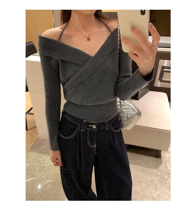 Ribbed Crop Knit Top with Halter Neck, Off-Shoulder, and Long Sleeves