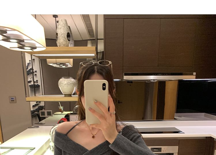 Ribbed Crop Knit Top with Halter Neck, Off-Shoulder, and Long Sleeves