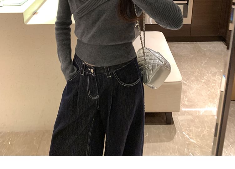 Ribbed Crop Knit Top with Halter Neck, Off-Shoulder, and Long Sleeves
